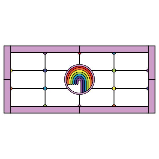 a simple stained glass design with a center rainbow and small circles in various colours.