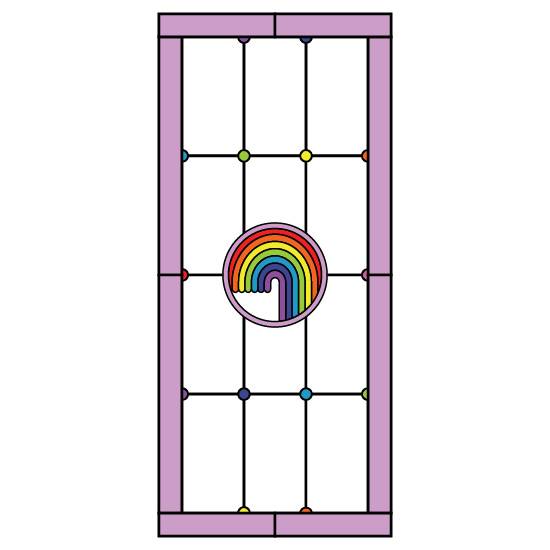a simple stained glass with a pink border and a central rainbow with small colourful circles.