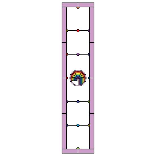 a tall stained glass design with a pink border with small circles in various colours and a rainbow in the center.
