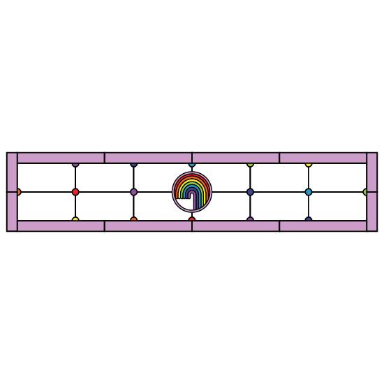 a central rainbow stained glass design with a pink border