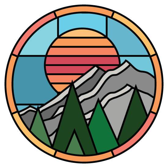 Circle modern stained glass window film with a central sun, mountains and a blue background