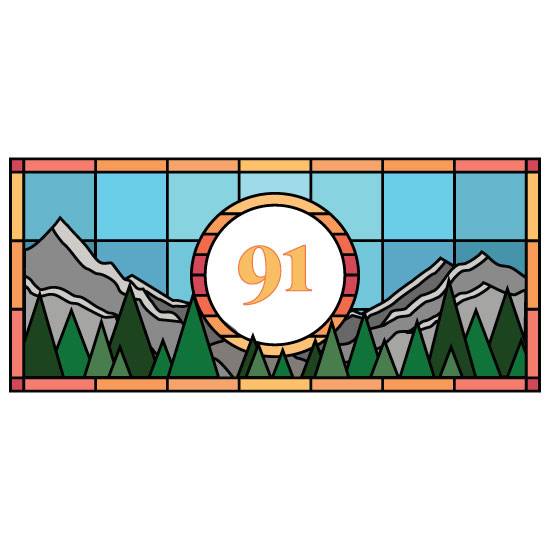 modern stained glass door number with a blue background, mountains and trees