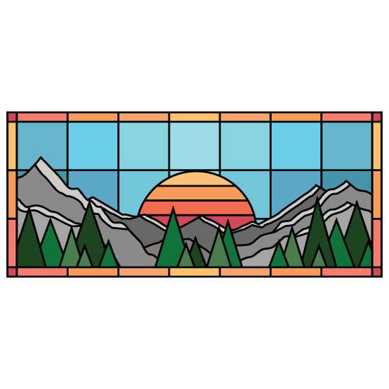 a modern stained glass colourful window film with a sunset and mountains