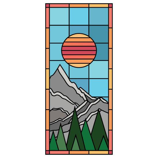 colourful stained glass window film with a sun window film design and mountains