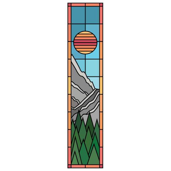 sun stained glass window film design with a blue background, mountains and trees