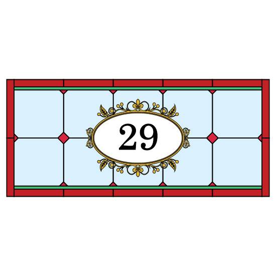A stained glass window film design with a central number surrounded by a gold frame and a light blue background with a red border