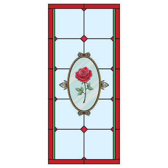 A stained glass window film design with a central rose and mirror, and a light blue background with a red border.