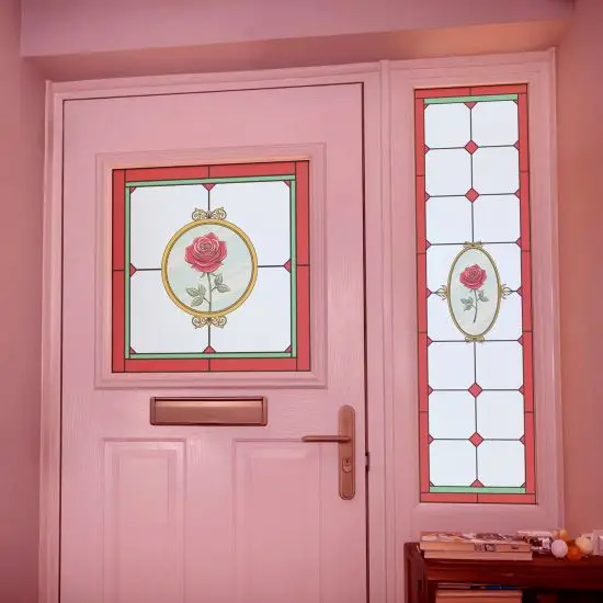 A simple stained glass window film with a center rose inside a mirror. It is a classic window film and modern window sticker.
