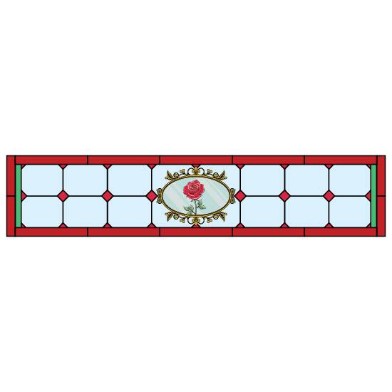 a stained glass window film design with a central mirror and rose with a red border and a light blue background.