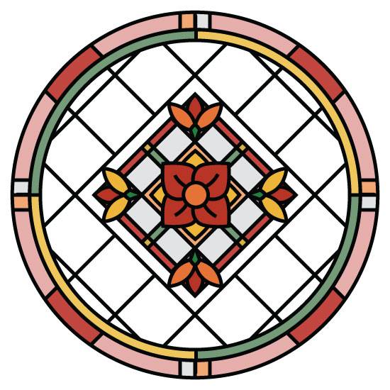 traditional checkered stained glass window film in a circular design