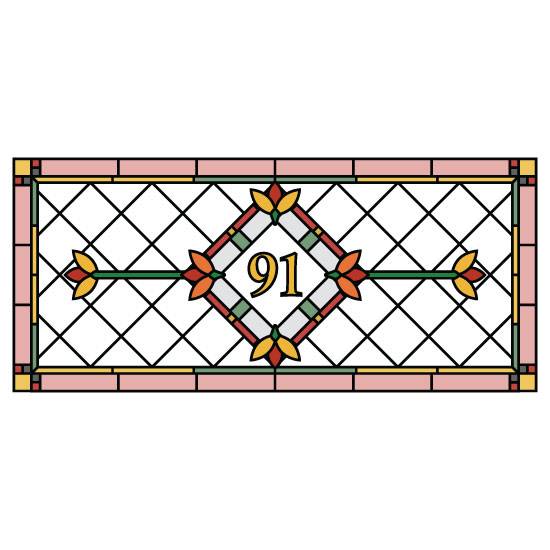 Traditional checkered stained glass door number with ornate flowers and a pink border
