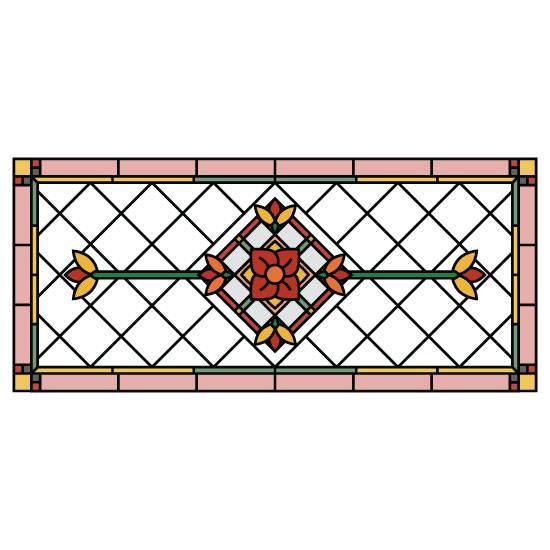 A Victorian stained glass window film with simple flowers and a green and pink border.