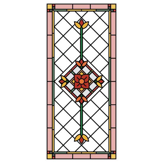 a Victorian stained glass window film with a checkered pattern and simple flowers.