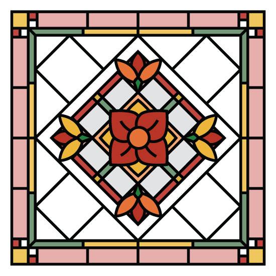 A square Victorian stained glass window film with a red center flower surrounded by simple flowers.
