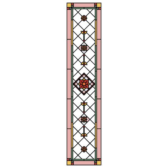 A simple stained glass window film design with flowers and a pink border