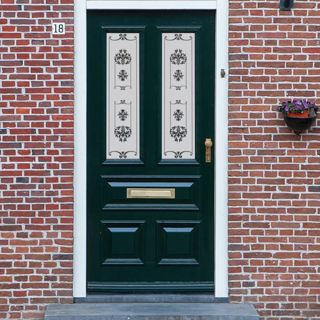 A traditional victorian frosted door window film design featuring an ornate pattern and simple border