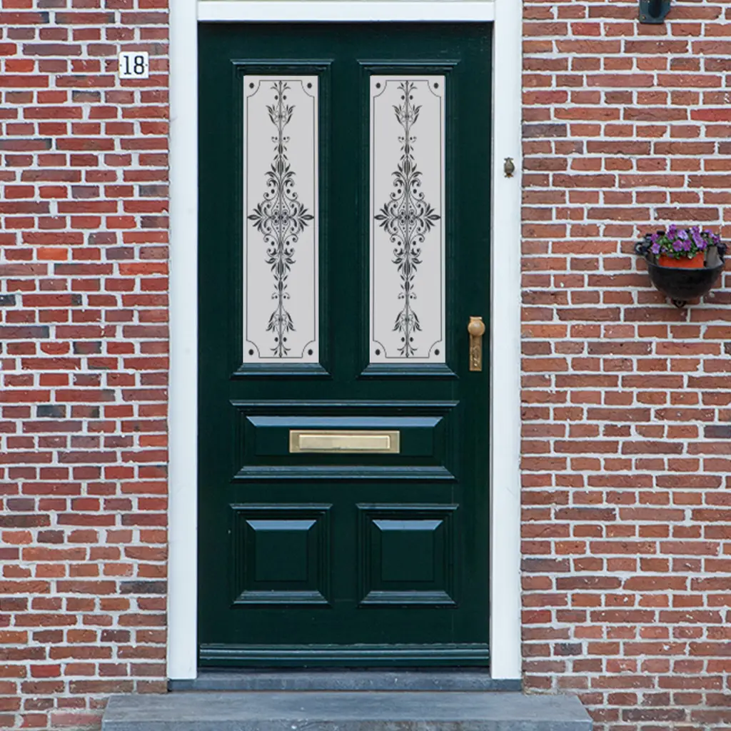 A floral victorian frosted glass window film design for front doors