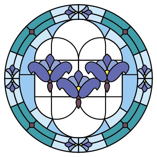 A purple stained glass window film design with central flowers in a round shape for porthole windows