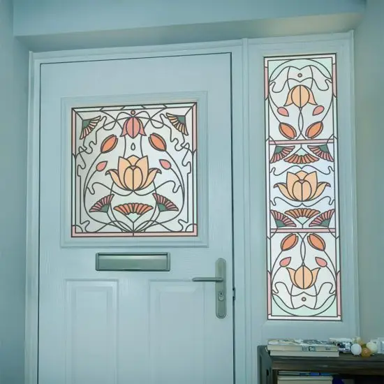 flower stained glass orange window film installed onto a door