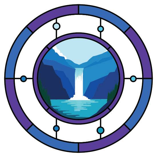 A circular stained glass window film design with a central waterfall