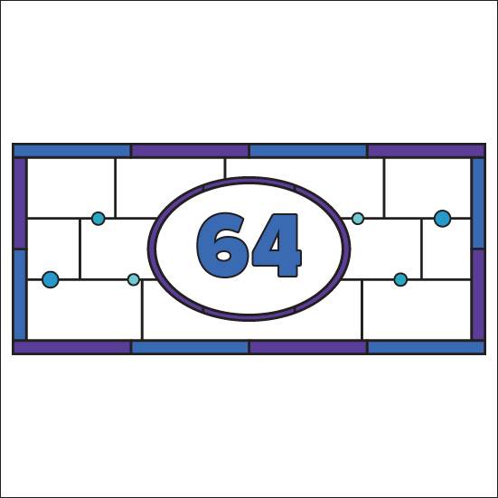 A simple stained glass design with a blue and purple border and multiple little circles surrounding a door number.