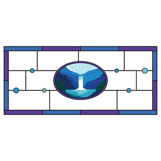 a stained glass window film with a simple design featuring a central waterfall and a purple and blue border