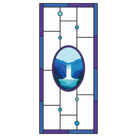 A stained glass window film design with a detailed central waterfall and a purple and blue border